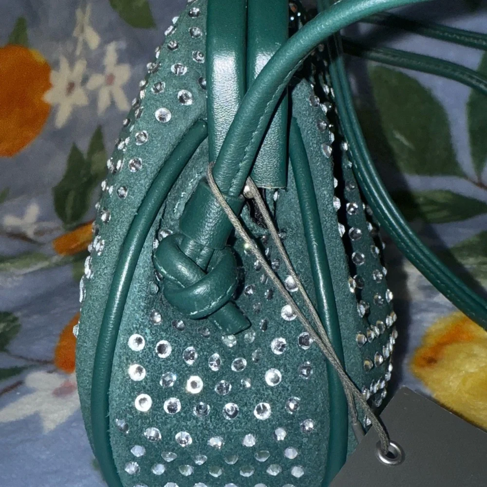 Dark Green Vince Camuto Genuine Leather Rhinestone Studded Crossbody Bag NWT - Picture 9 of 17